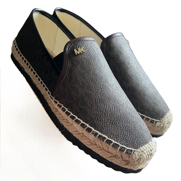 MICHAEL KORS HASTINGS MK PRINT GOLD PLATFORM ESPADRILLES Black Brown Size 9 - Picture 6 of 15